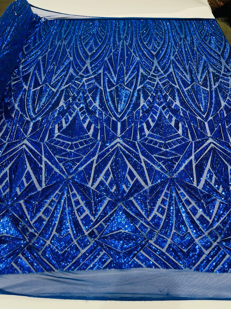 Geometric Fabric - Royal Blue - Geometric Sequins Pattern Design 4 Way Stretch Sold By Yard