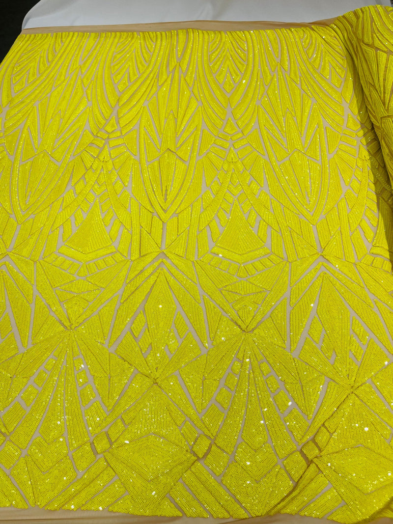 Geometric Fabric - Yellow - Geometric Sequins Pattern Design 4 Way Stretch Sold By Yard