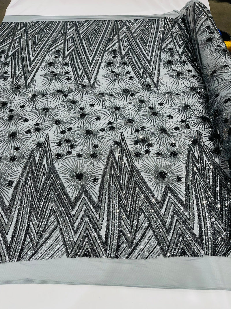 Geometric Sequins Fabric - Charcoal - Triangle Firework Pattern 4 Way Stretch Sold By Yard