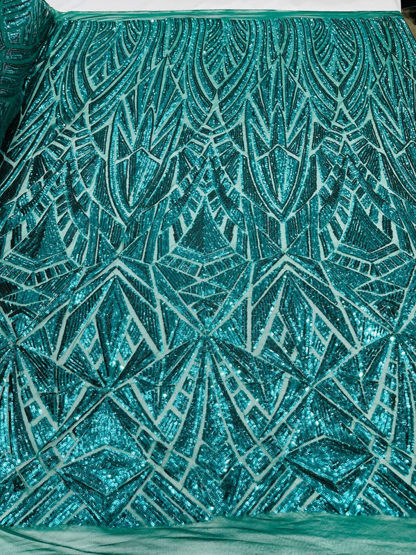 Geometric Fabric - Hunter Green - Geometric Sequins Pattern Design 4 Way Stretch Sold By Yard