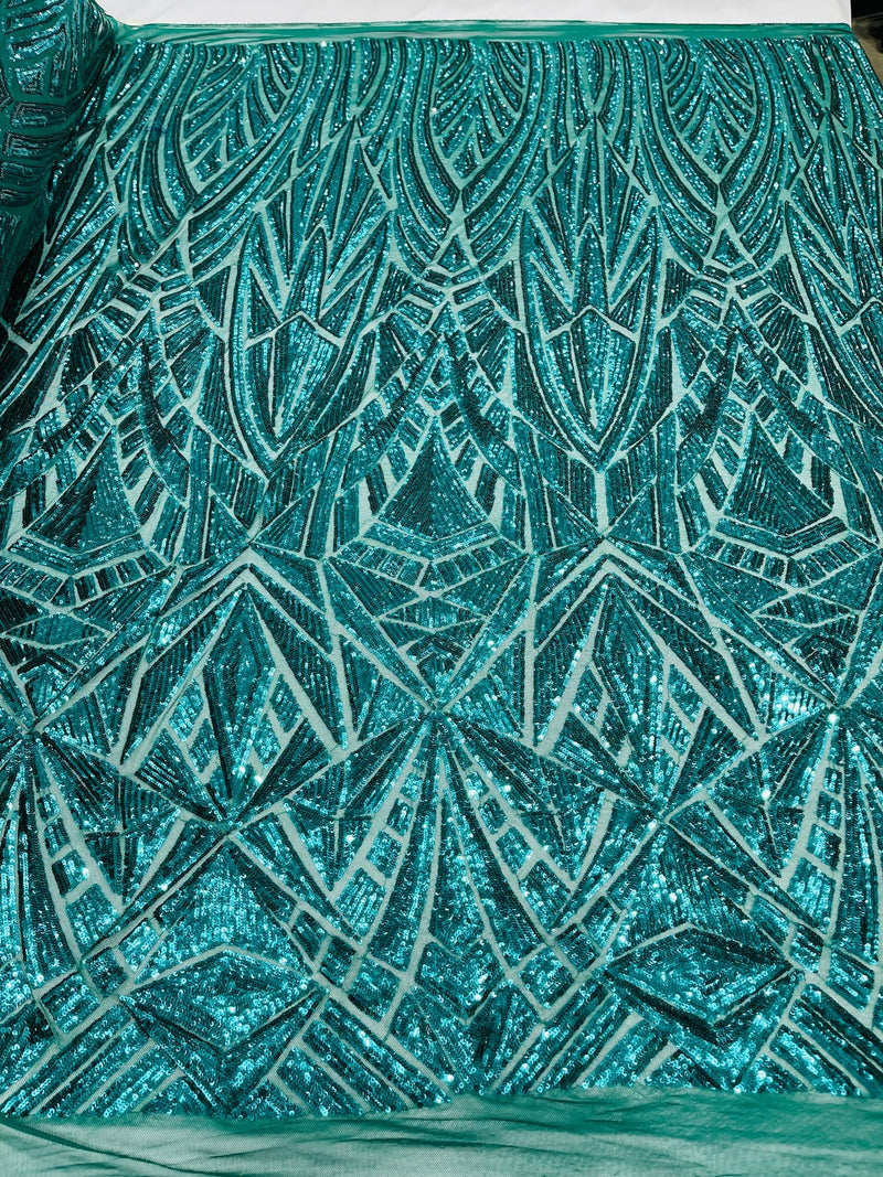 Geometric Fabric - Hunter Green - Geometric Sequins Pattern Design 4 Way Stretch Sold By Yard