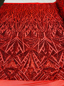 Geometric Fabric - Red - Geometric Sequins Pattern Design 4 Way Stretch Sold By Yard