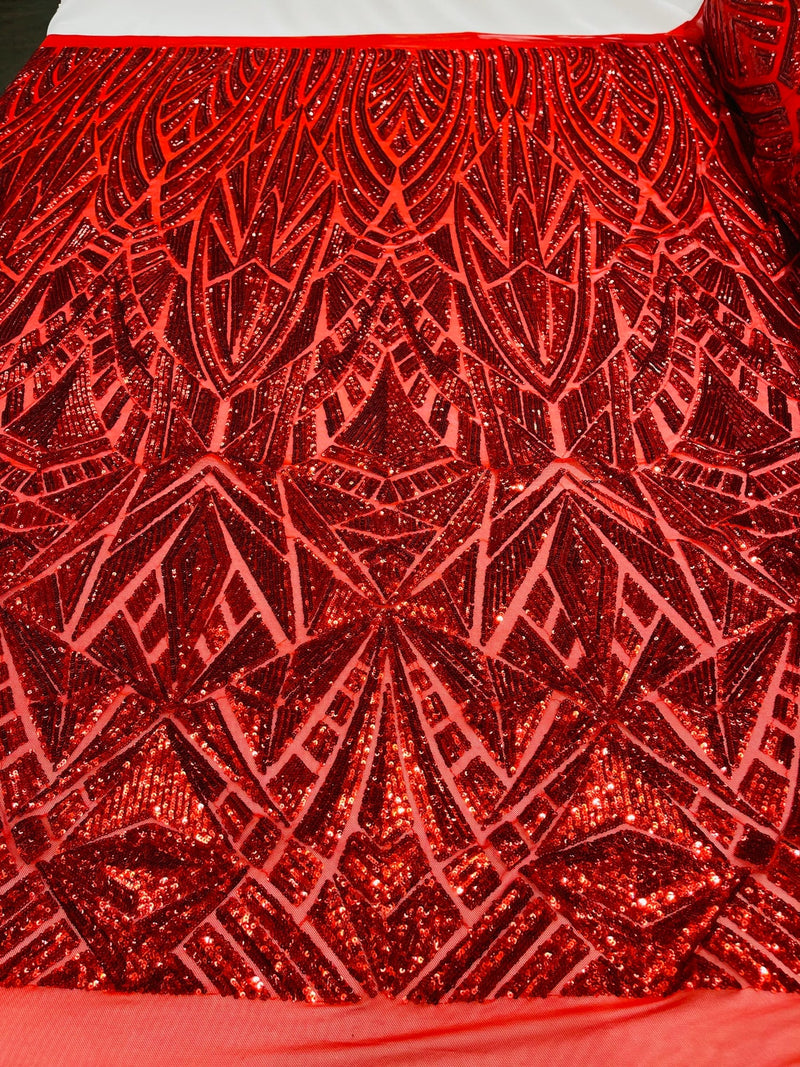 Geometric Fabric - Red - Geometric Sequins Pattern Design 4 Way Stretch Sold By Yard