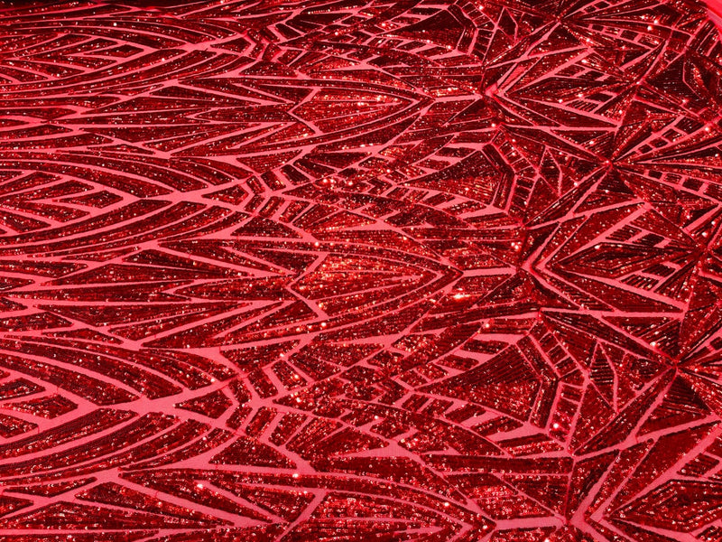 Geometric Fabric - Red - Geometric Sequins Pattern Design 4 Way Stretch Sold By Yard