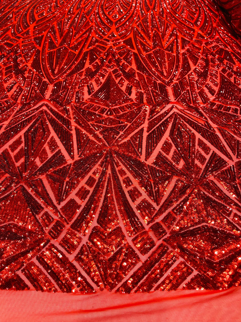 Geometric Fabric - Red - Geometric Sequins Pattern Design 4 Way Stretch Sold By Yard