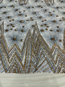 Geometric Sequins Fabric - Silver / Gold - Triangle Firework Pattern 4 Way Stretch Sold By Yard