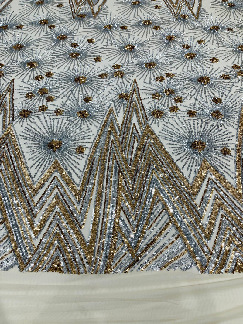 Geometric Sequins Fabric - Silver / Gold - Triangle Firework Pattern 4 Way Stretch Sold By Yard