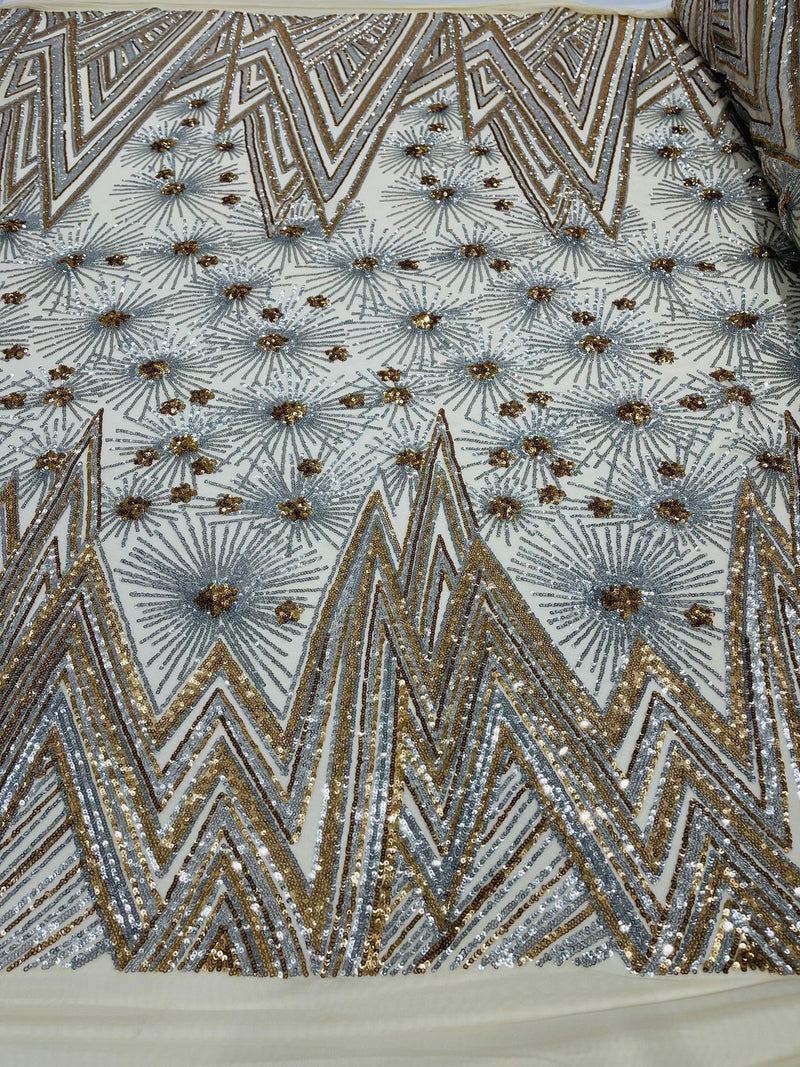 Geometric Sequins Fabric - Silver / Gold - Triangle Firework Pattern 4 Way Stretch Sold By Yard