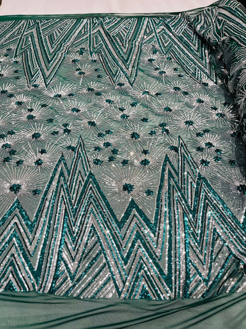 Geometric Sequins Fabric - Hunter Green - Triangle Firework Pattern 4 Way Stretch Sold By Yard