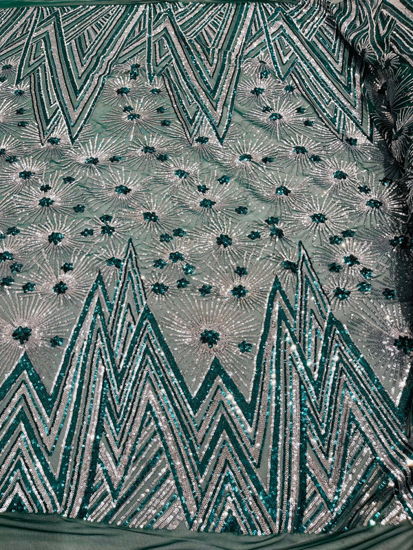 Geometric Sequins Fabric - Hunter Green - Triangle Firework Pattern 4 Way Stretch Sold By Yard