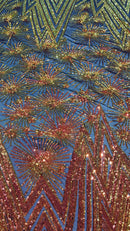 Geometric Sequins Fabric - Iridescent Orange - Triangle Firework Pattern 4 Way Stretch Sold By Yard