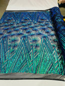 Geometric Sequins Fabric - Iridescent Green - Triangle Firework Pattern 4 Way Stretch Sold By Yard