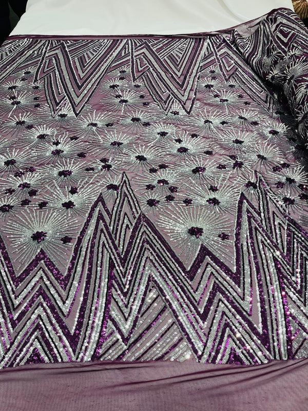 Geometric Sequins Fabric - Purple/Silver - Triangle Firework Pattern 4 Way Stretch Sold By Yard