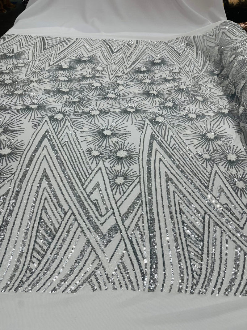 Geometric Sequins Fabric - Silver/ White - Triangle Firework Pattern 4 Way Stretch Sold By Yard