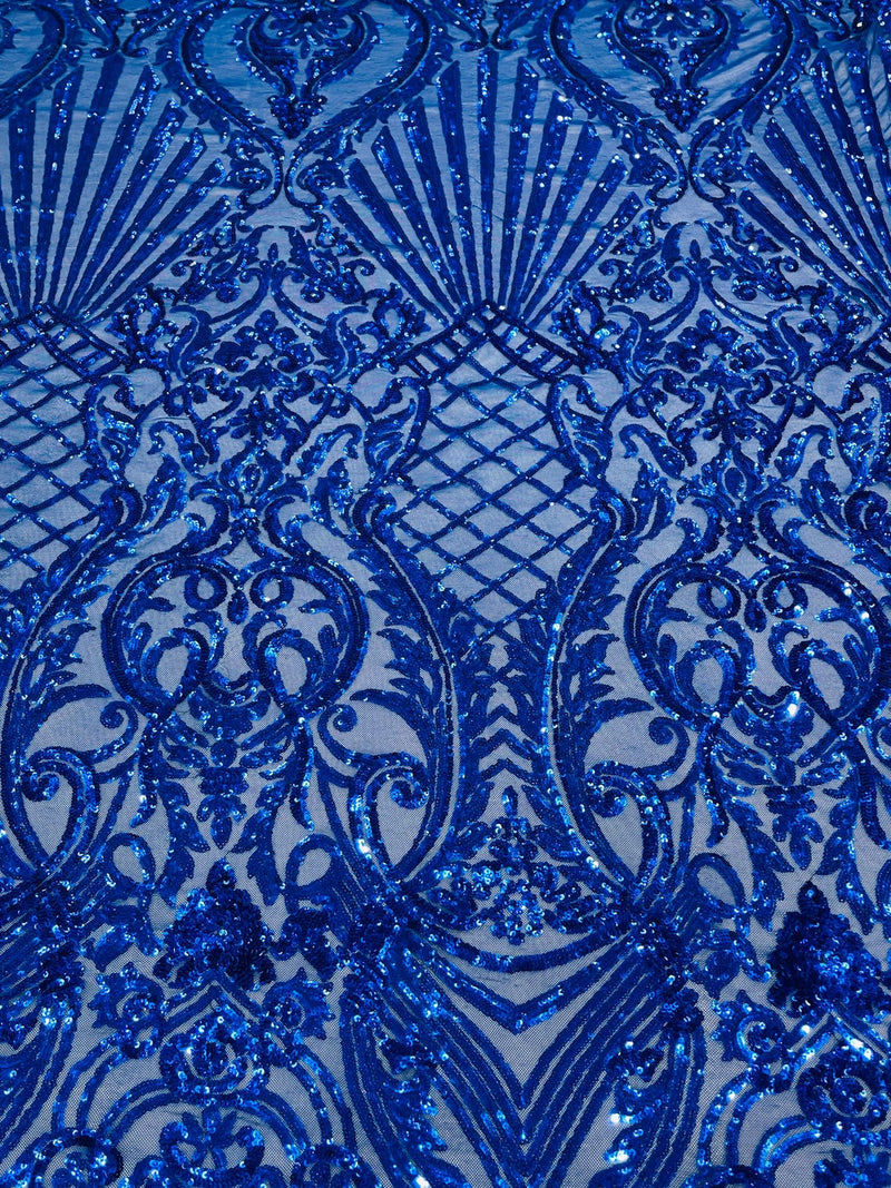 Damask Geometric Sequins - Royal Blue - 4 Way Stretch Sequins Damask Pattern Design Sold By Yard