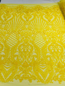Damask Geometric Sequins - Yellow - 4 Way Stretch Sequins Damask Pattern Design Sold By Yard