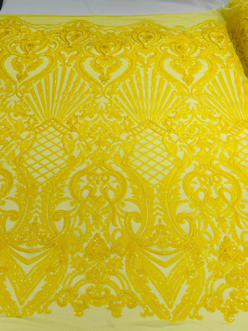 Damask Geometric Sequins - Yellow - 4 Way Stretch Sequins Damask Pattern Design Sold By Yard