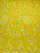 Damask Geometric Sequins - Yellow - 4 Way Stretch Sequins Damask Pattern Design Sold By Yard