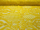 Damask Geometric Sequins - Yellow - 4 Way Stretch Sequins Damask Pattern Design Sold By Yard