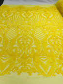 Damask Geometric Sequins - Yellow - 4 Way Stretch Sequins Damask Pattern Design Sold By Yard
