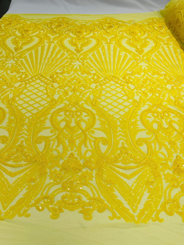 Damask Geometric Sequins - Yellow - 4 Way Stretch Sequins Damask Pattern Design Sold By Yard