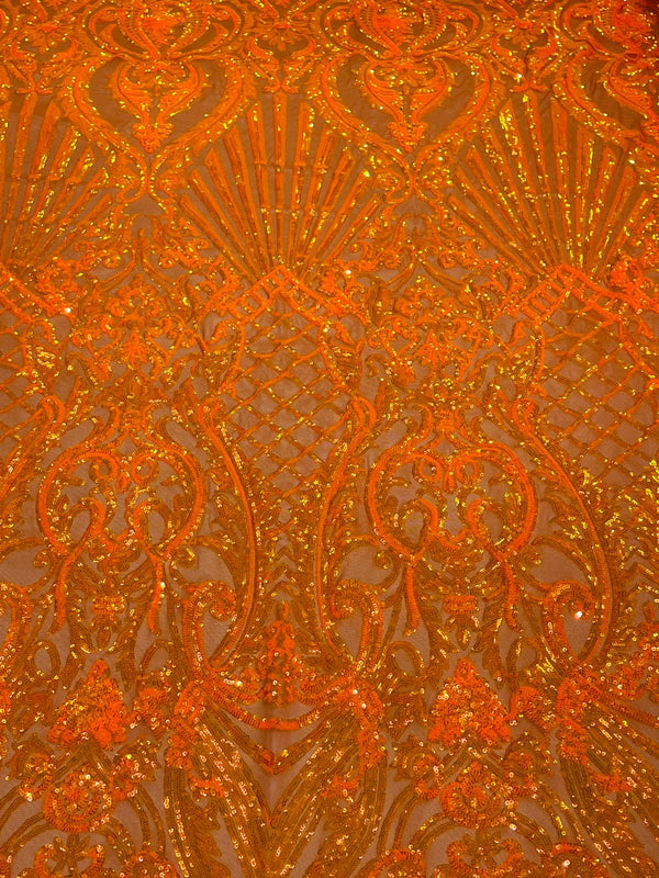 Damask Geometric Sequins - Orange - 4 Way Stretch Sequins Damask Pattern Design Sold By Yard