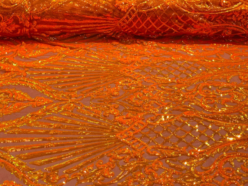 Damask Geometric Sequins - Orange - 4 Way Stretch Sequins Damask Pattern Design Sold By Yard