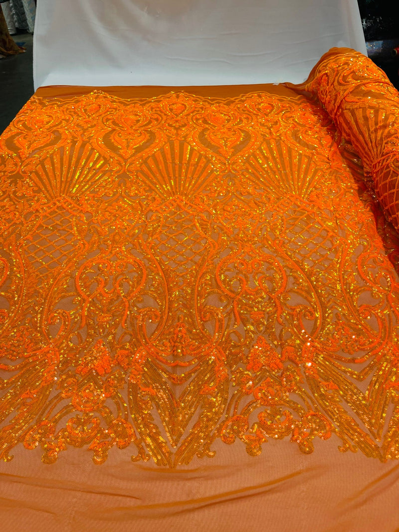 Damask Geometric Sequins - Orange - 4 Way Stretch Sequins Damask Pattern Design Sold By Yard