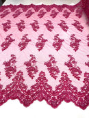 Beaded Bridal Lace - Fuchsia - Sold By The Yard Floral Embroidered Sequins Wedding Fabric