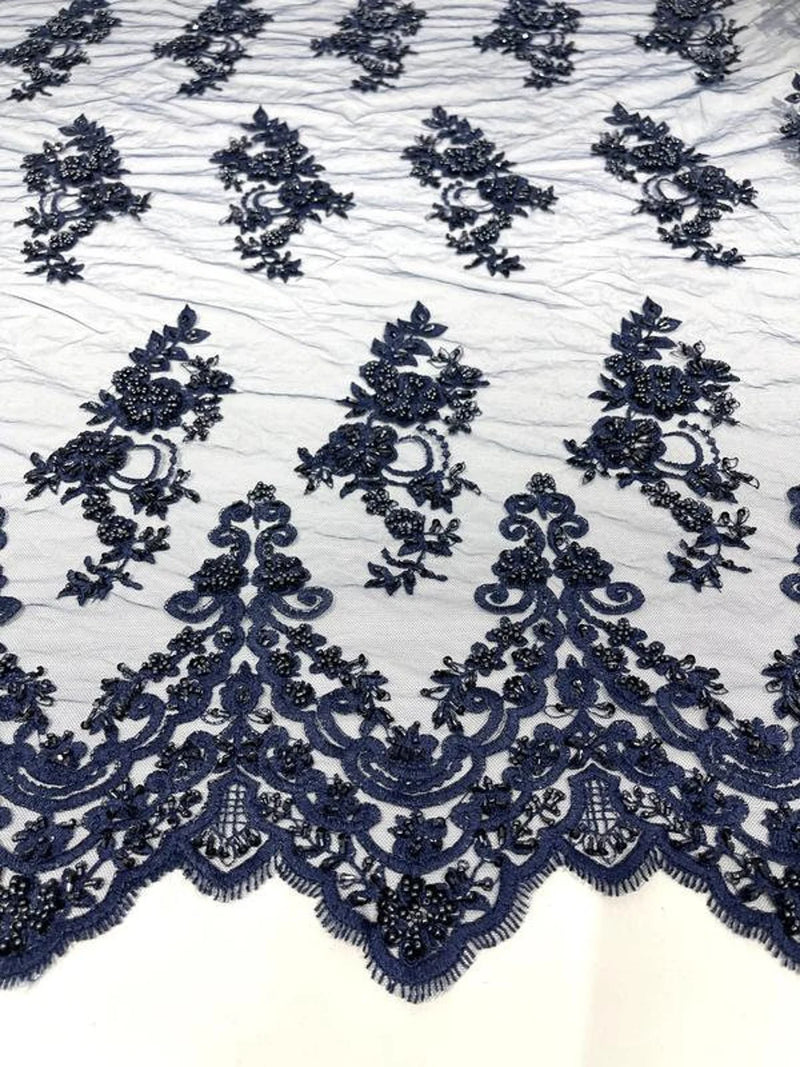 Beaded Bridal Lace - Navy Blue - Sold By The Yard Floral Embroidered Sequins Wedding Fabric