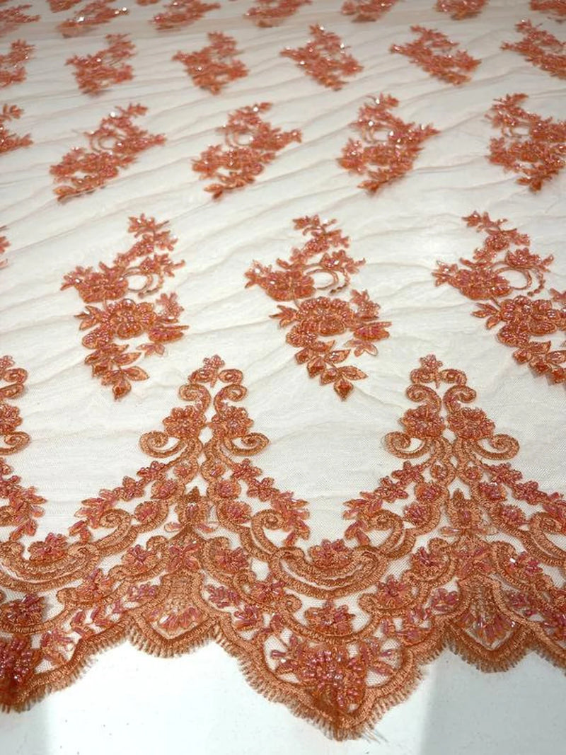 Beaded Bridal Lace - Peach - Sold By The Yard Floral Embroidered Sequins Wedding Fabric