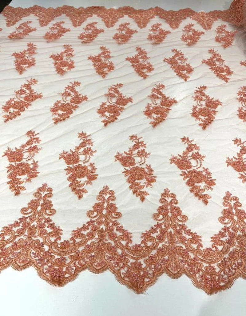 Beaded Bridal Lace - Peach - Sold By The Yard Floral Embroidered Sequins Wedding Fabric
