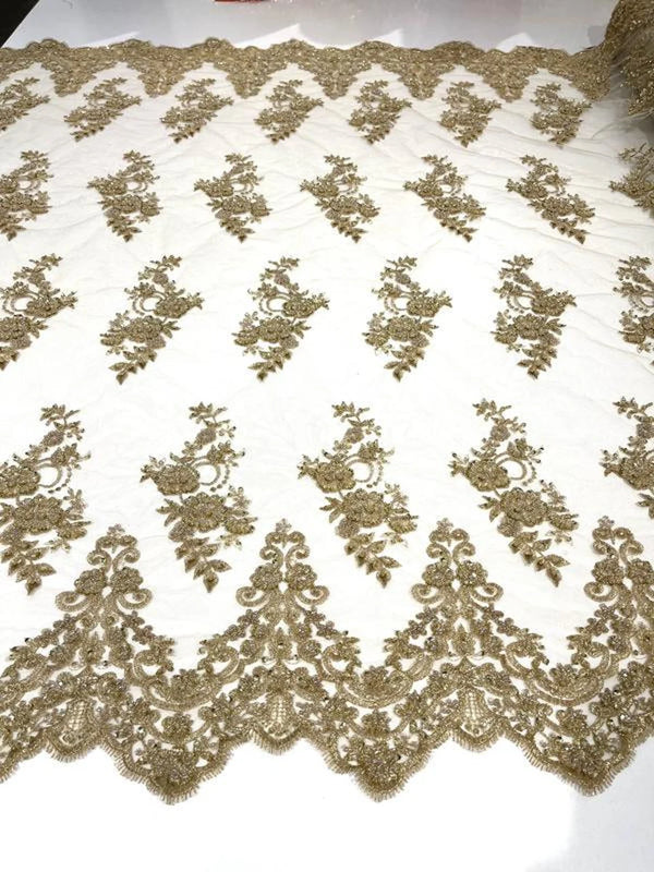 Beaded Bridal Lace - Gold - Sold By The Yard Floral Embroidered Sequins Wedding Fabric