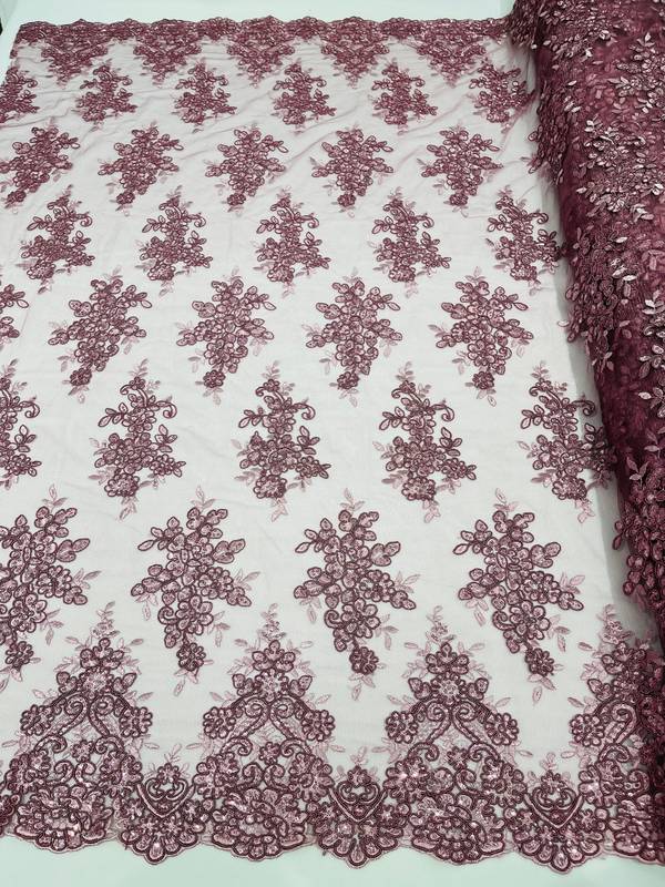 Fancy Lace Design - Dusty Rose - Flower Embroidery Design Mesh Fabric By The Yard