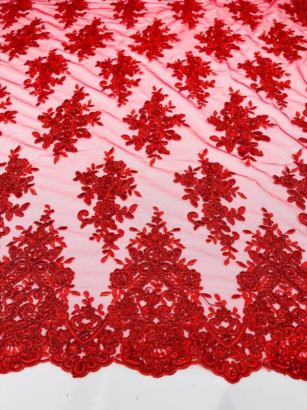 Fancy Lace Design - Red - Flower Embroidery Design Mesh Fabric By The Yard