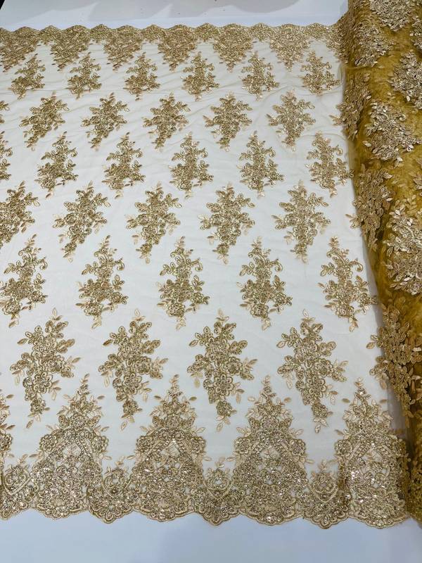 Fancy Lace Design - Champagne with Metallic Thread Flower Embroidery Design Mesh Fabric By The Yard