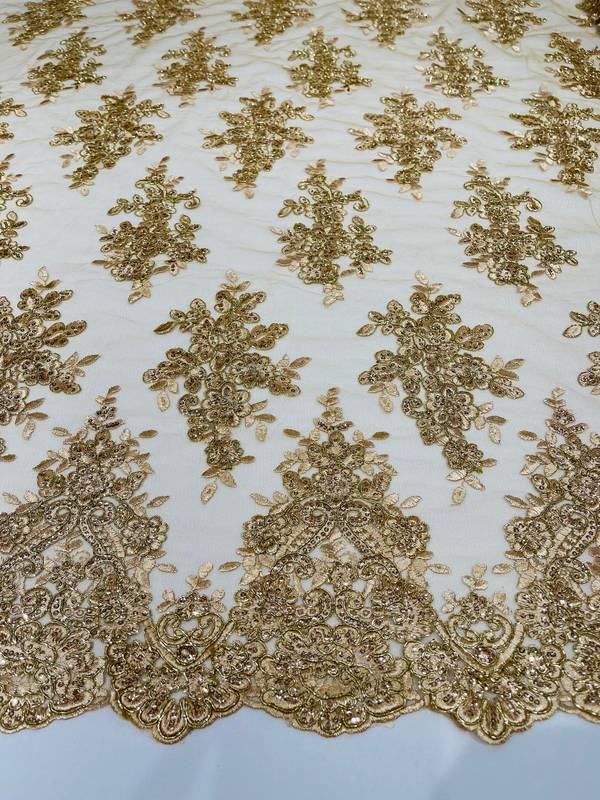 Fancy Lace Design - Champagne with Metallic Thread Flower Embroidery Design Mesh Fabric By The Yard