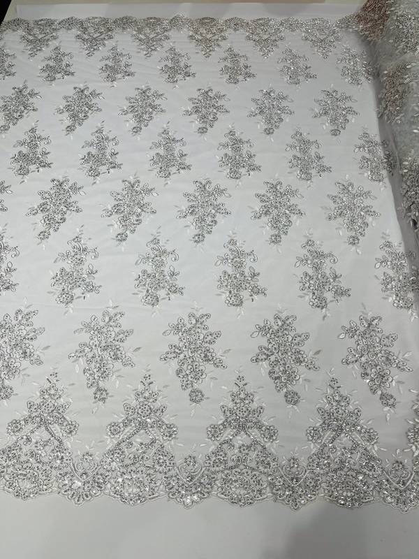 Fancy Lace Design - White / Silver Metallic Thread - Flower Embroidery Design Mesh Fabric By Yard