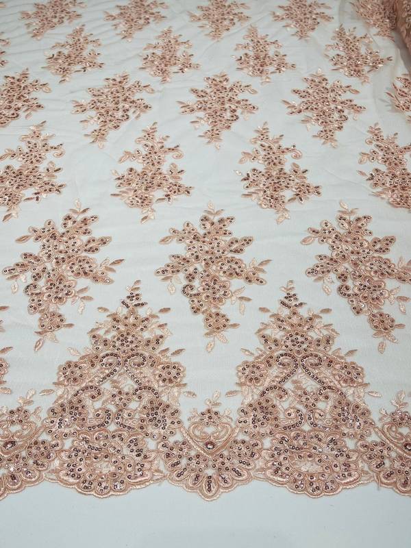 Fancy Lace Design - Blush - Flower Embroidery Design Mesh Fabric By The Yard