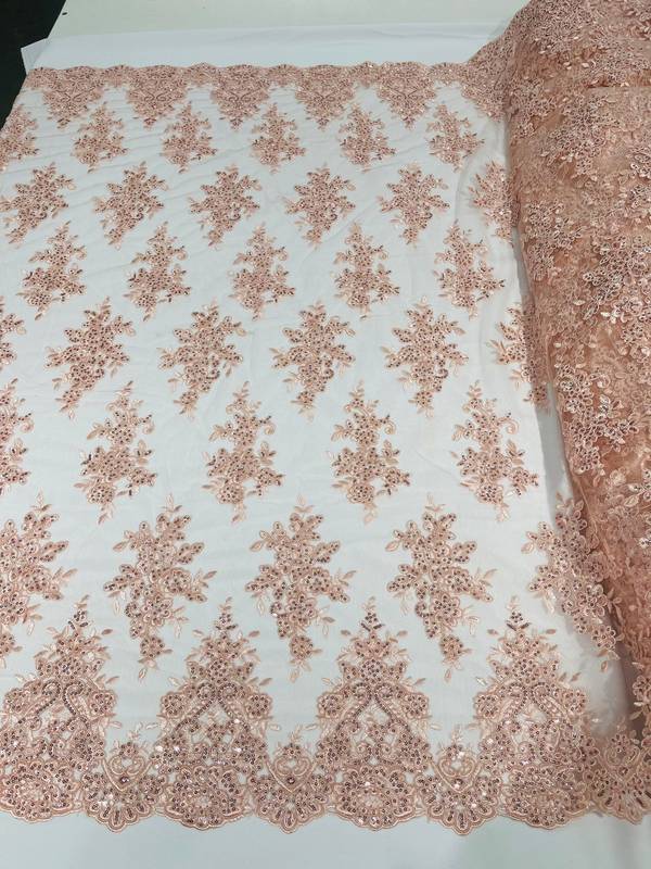 Fancy Lace Design - Blush - Flower Embroidery Design Mesh Fabric By The Yard