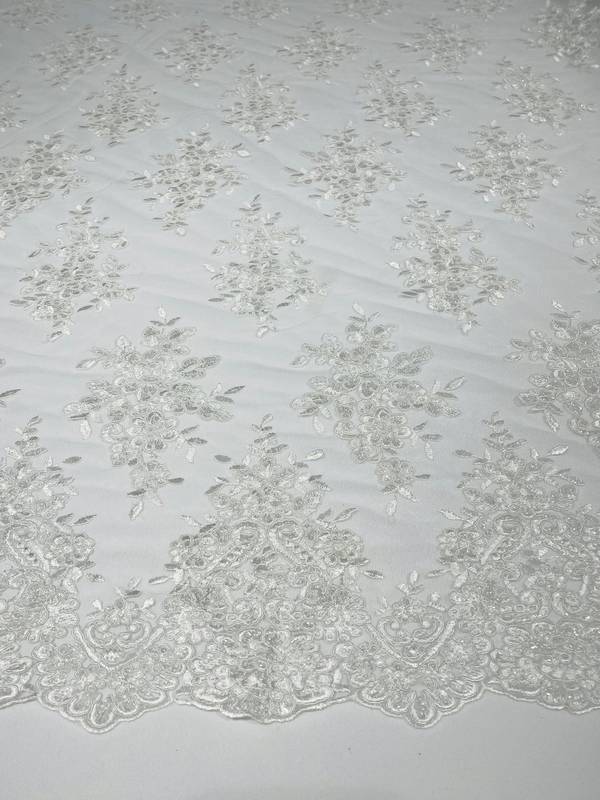 Fancy Lace Design - White - Flower Embroidery Design Mesh Fabric By The Yard