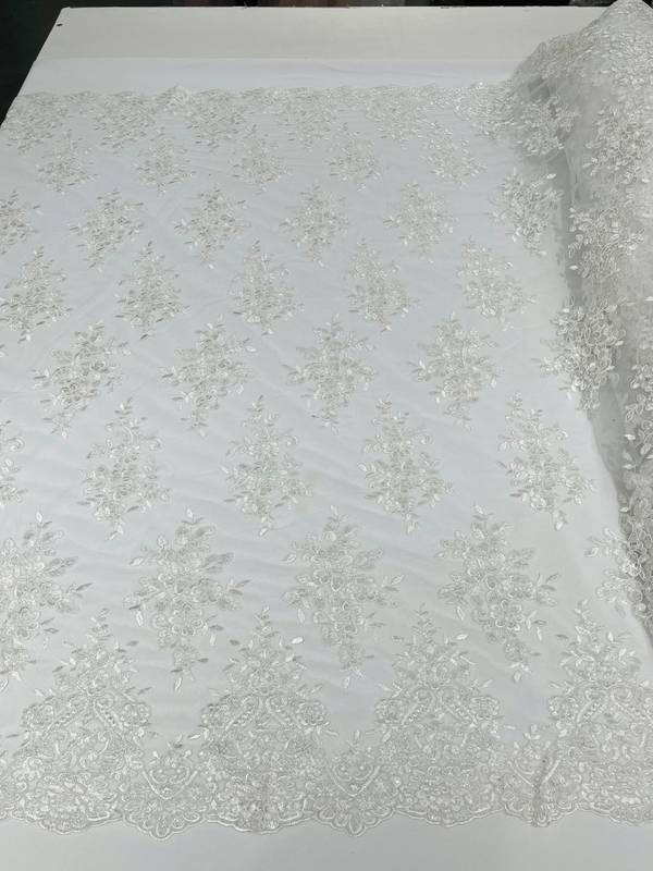Fancy Lace Design - White - Flower Embroidery Design Mesh Fabric By The Yard