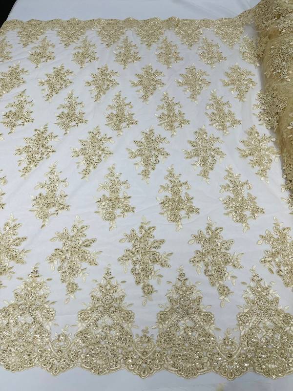 Fancy Lace Design - Light Champagne - Flower Embroidery Design Mesh Fabric By Yard