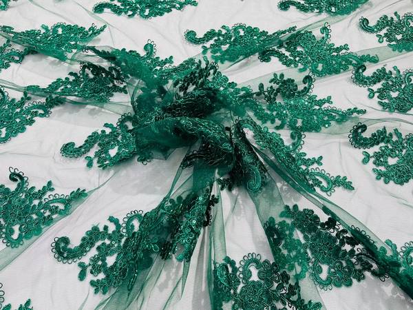 Flower Lace Fabric - Hunter Green with Metallic Thread Floral Clusters Embroidered Mesh Lace Fabric