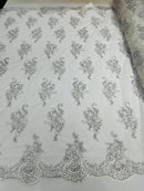 Flower Lace Fabric - White/Silver - Floral Clusters Embroidered on Mesh Lace Fabric