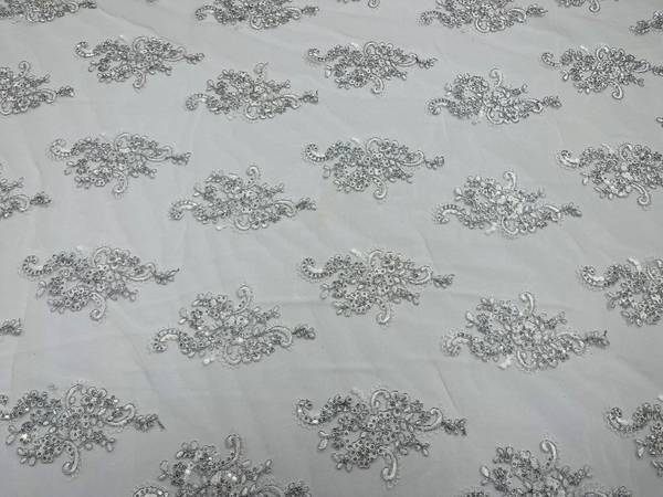 Flower Lace Fabric - White/Silver - Floral Clusters Embroidered on Mesh Lace Fabric