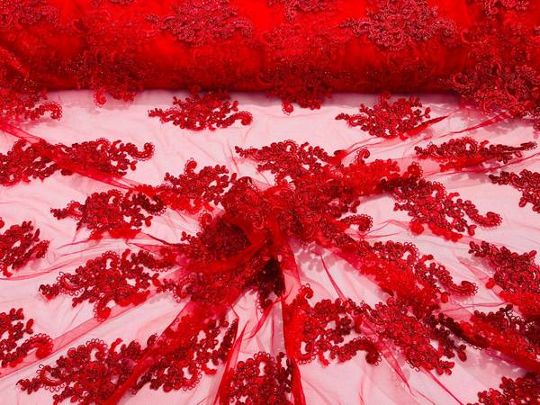 Flower Lace Fabric - Red - Floral Clusters Embroidered on Mesh Lace Fabric