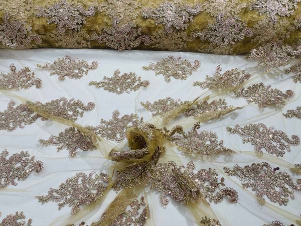 Flower Lace Fabric - Gold Rose with Metallic Thread - Floral Clusters Embroidered Mesh Lace Fabric