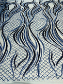 Two Tone Design - Light Blue/ Black - Wavy Lines Geometric Sequins Design 4 Way Stretch Sold By Yard