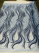 Two Tone Design - Light Blue/ Black - Wavy Lines Geometric Sequins Design 4 Way Stretch Sold By Yard